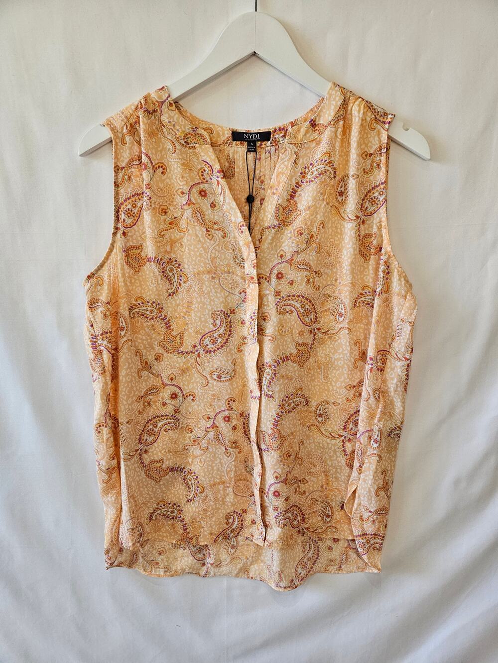 NYDJ Sleeveless Pintuck Paisley Sheer Blouse Orange Small